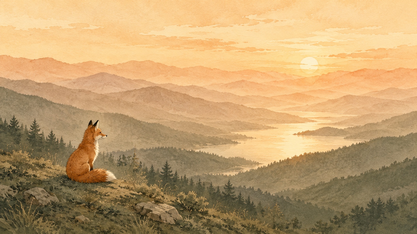 Sage the fox keeping watch over a valley at dusk